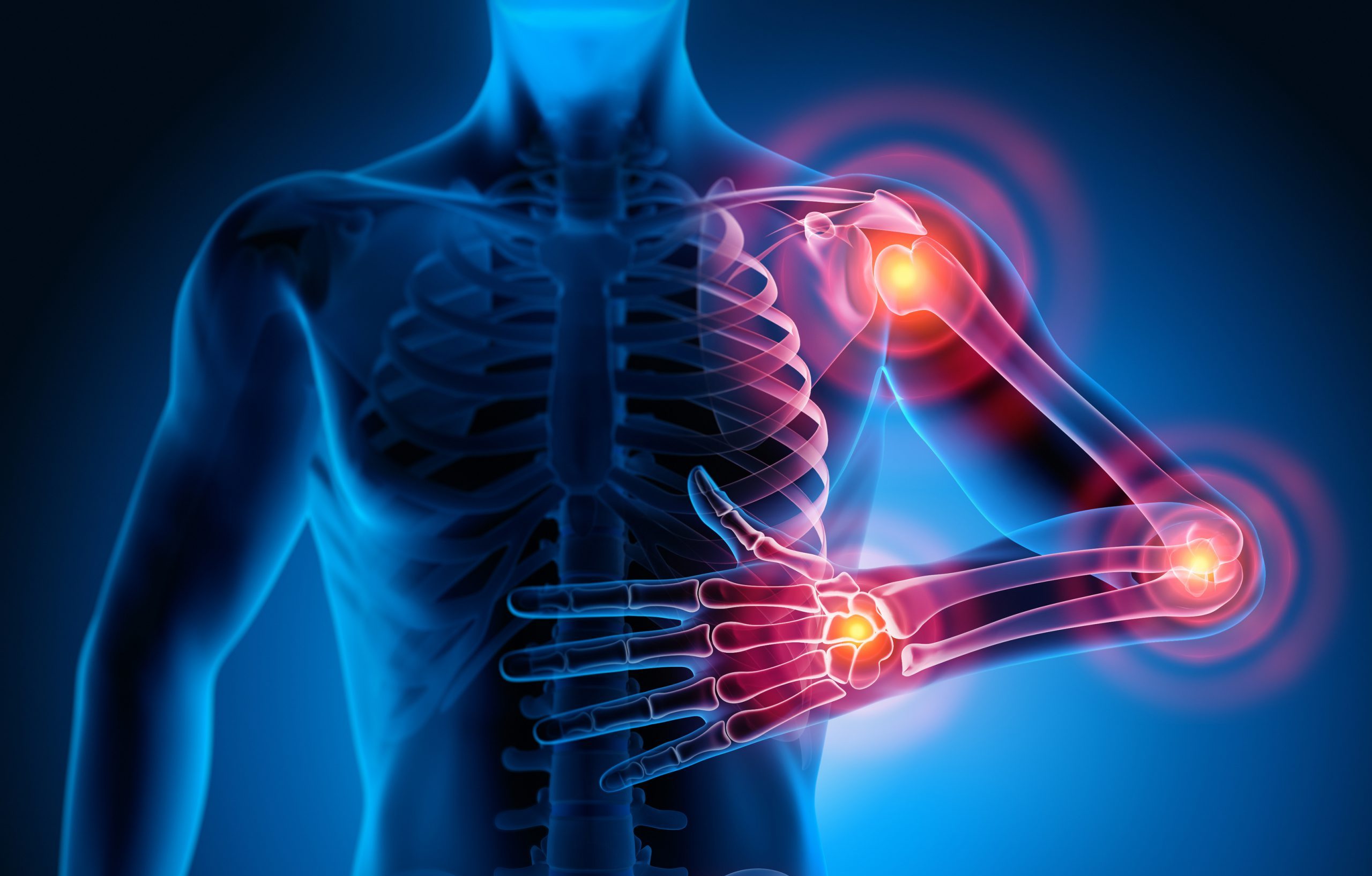 This image depicts a human skeletal system with a focus on joint pain or inflammation. The transparent body reveals the bones and internal structure, while several joints—specifically the shoulder, elbow, wrist, and hip are highlighted with glowing red and orange circles, indicating areas of pain or inflammation. The background is dark, emphasizing the illuminated areas of concern.