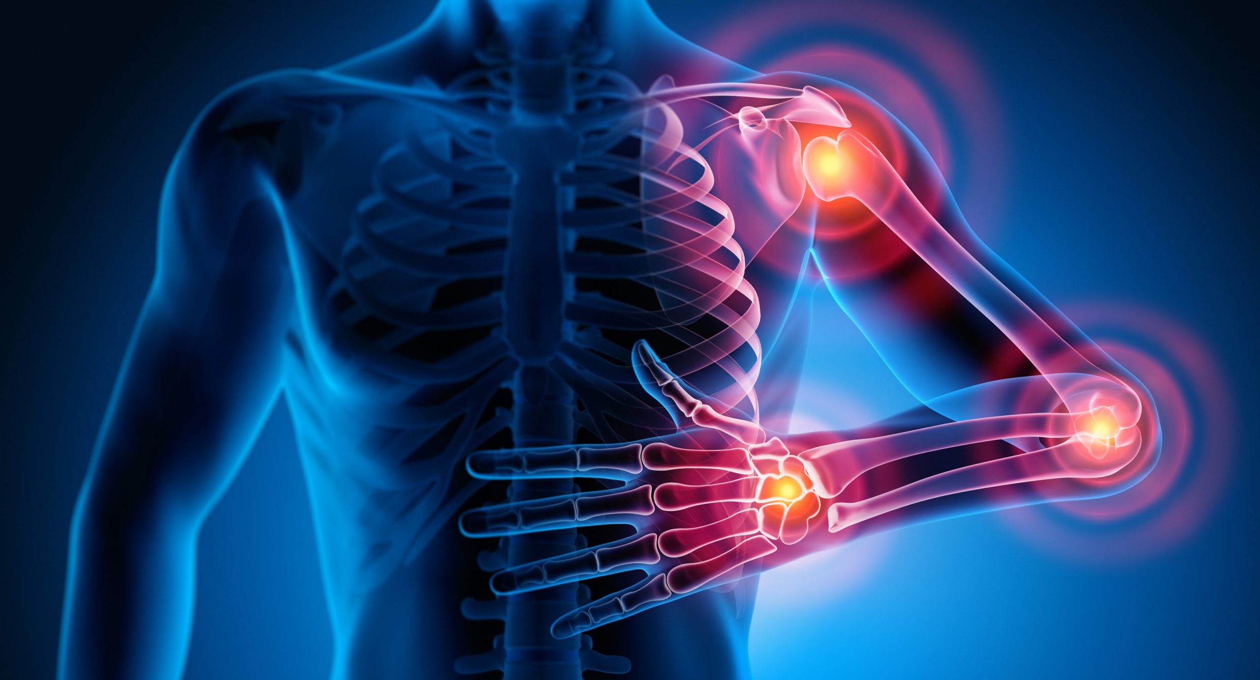 This image depicts a human skeletal system with a focus on joint pain or inflammation. The transparent body reveals the bones and internal structure, while several joints—specifically the shoulder, elbow, wrist, and hip are highlighted with glowing red and orange circles, indicating areas of pain or inflammation. The background is dark, emphasizing the illuminated areas of concern.
