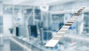 The image is a graphic representation of a test strip, for a LINE assay. The strip is shown at an angle, with several different colored or shaded segments on it, and the code "V8978.1.1" is visible on the top right segment. The strip is overlaid on a blurred background of a modern-looking laboratory with various pieces of equipment. immunological digital techniques for the fast & accurate diagnosis of autoimmune.