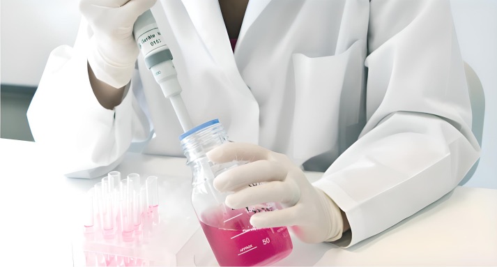 The image showing a person in a white lab coat and white gloves. They are in a laboratory setting, using a pipette to transfer a pink-colored liquid from a large glass bottle into a test tube. Several other test tubes with pink liquid are visible in a rack on the table. The focus is on the hands and the lab equipment.