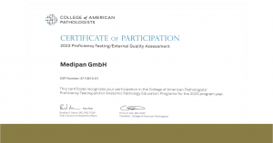 Medipan GmbH Certificate of Participation in the 2023 Profiency Testing/ External Quality Assessment.