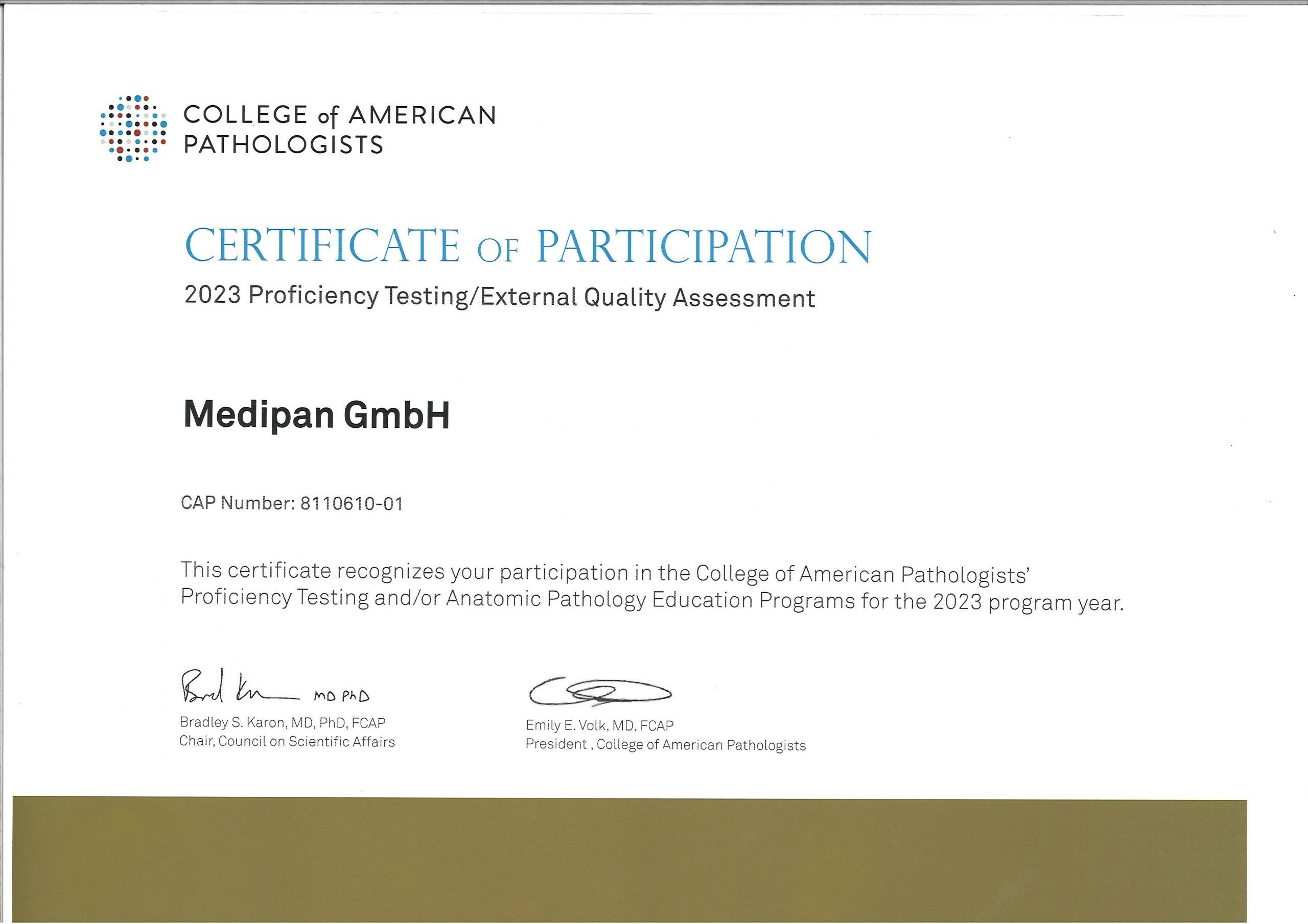 Certificate of partecipation 2023 to the proficiency testing/external qualty assessment Antinuclear Antibody (ANA) Survey, organized by the College of American Pathologists (CAP).