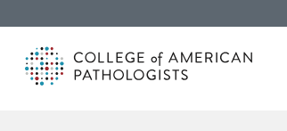 The image shows the **logo of the College of American Pathologists (CAP)**. It features a circular design made up of small colored dots in shades of blue, red, and gray, placed to the left of the text. To the right of the logo, the words **“College of American Pathologists”** appear in uppercase letters, using a clean, modern sans-serif font on a white background. A dark gray bar runs along the top edge of the image.
