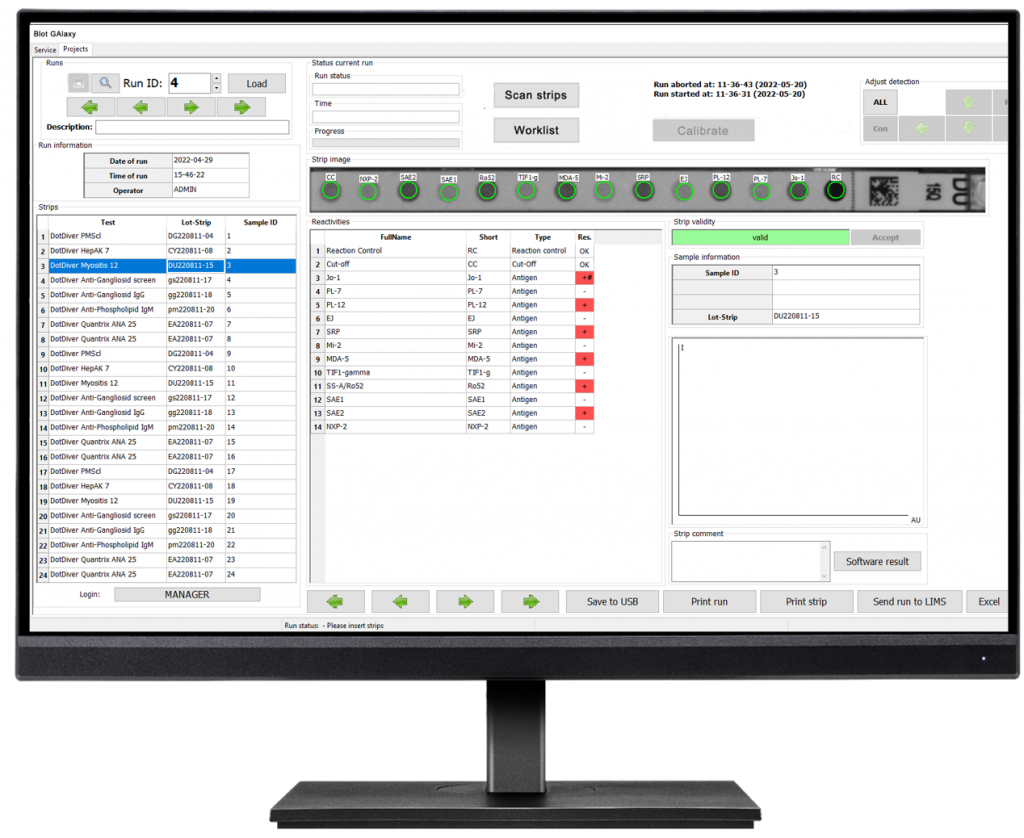 Blot GAlaxy Software. Advanced software for immunoblot analysis. Automated band detection, electronic archiving, and simultaneous analysis of up to 24 test strips. Perfect for diagnostic labs.