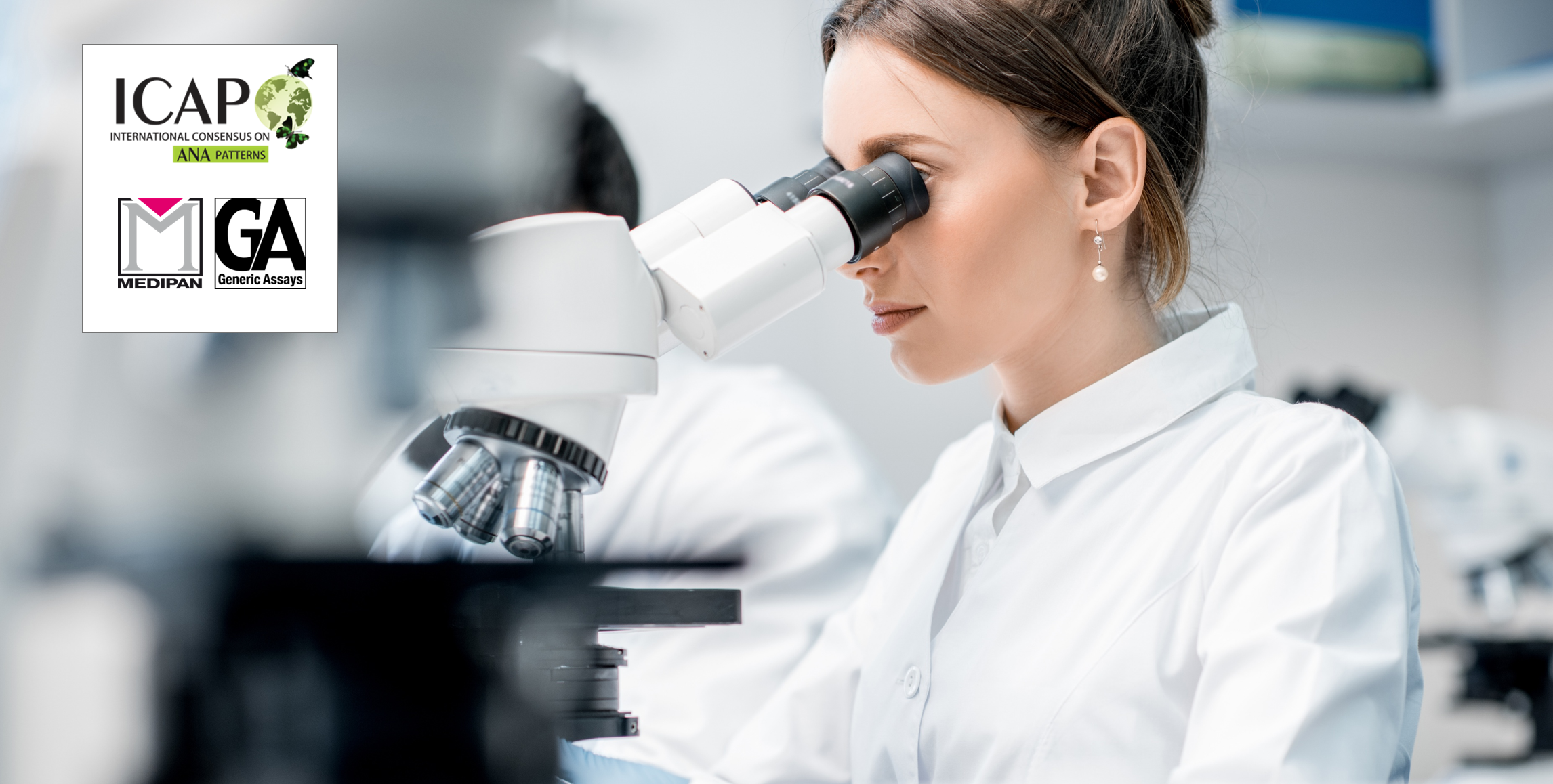 A female scientist in a white lab coat looks through a binocular microscope in a bright laboratory environment, with logos for ICAP, Medipan, and GA Generic Assays in the corner.