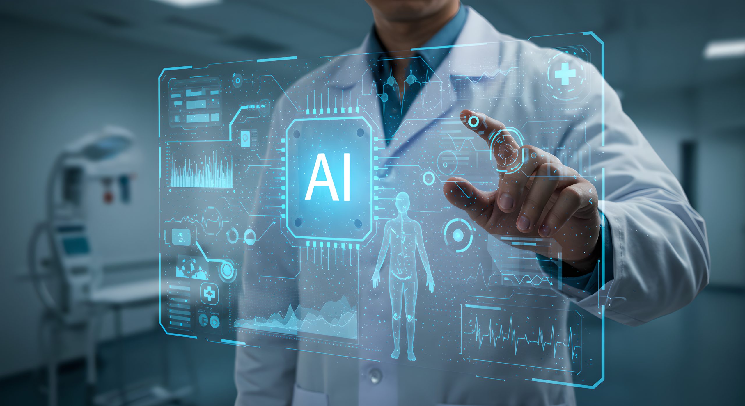 The image shows a person dressed in a white medical coat, likely a doctor or healthcare professional, interacting with a futuristic, digital interface. The interface prominently displays the letters "AI" in the center, surrounded by various holographic graphics, charts, and icons related to health and technology. The person is pointing at the interface with their finger, as if engaging with the digital data. The background appears to be a modern hospital or medical facility, with medical equipment visible in the room.