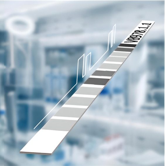 The image shows a long, flat laboratory strip featuring alternating light and dark gray sections against a blue background. The strip contains vertical lines and small rectangular markers along its length