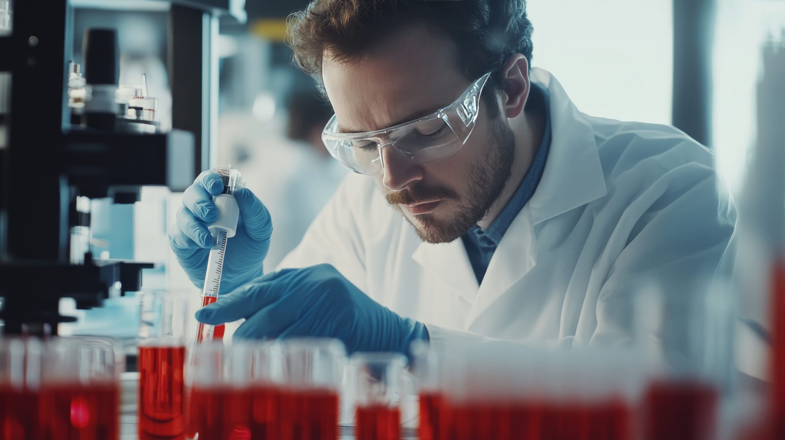 A scientist in a white lab coat and safety goggles carefully uses a pipette to work with red liquid samples in a laboratory setting.