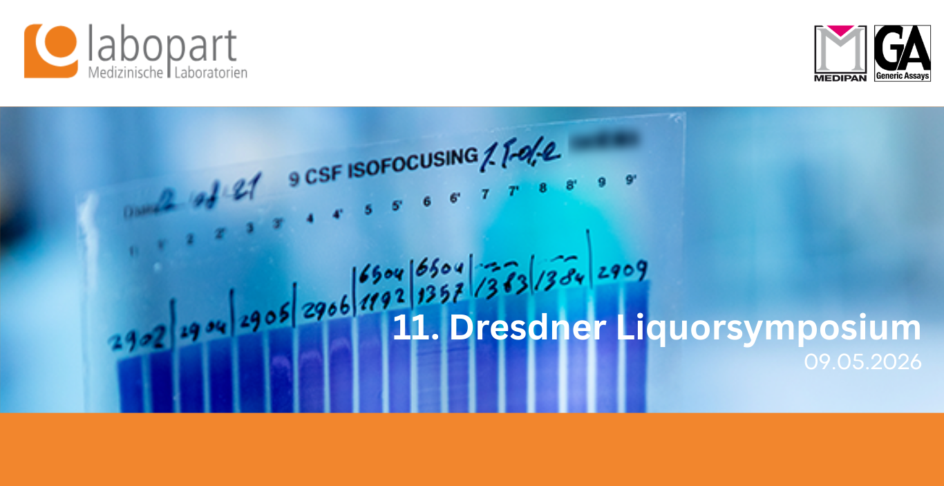 Werbebanner für das 11. Dresdner Liquorsymposium, das am 9. Mai 2026 stattfindet. Das zentrale Bild zeigt ein Laborergebnis einer „Liquor-Isofokussierung“ (Untersuchung der Gehirnrückenmarksflüssigkeit) mit blau gefärbten Proteinbanden auf einem Gel. Das Banner enthält die Logos von labopart, Medipan und GA Generic Assays