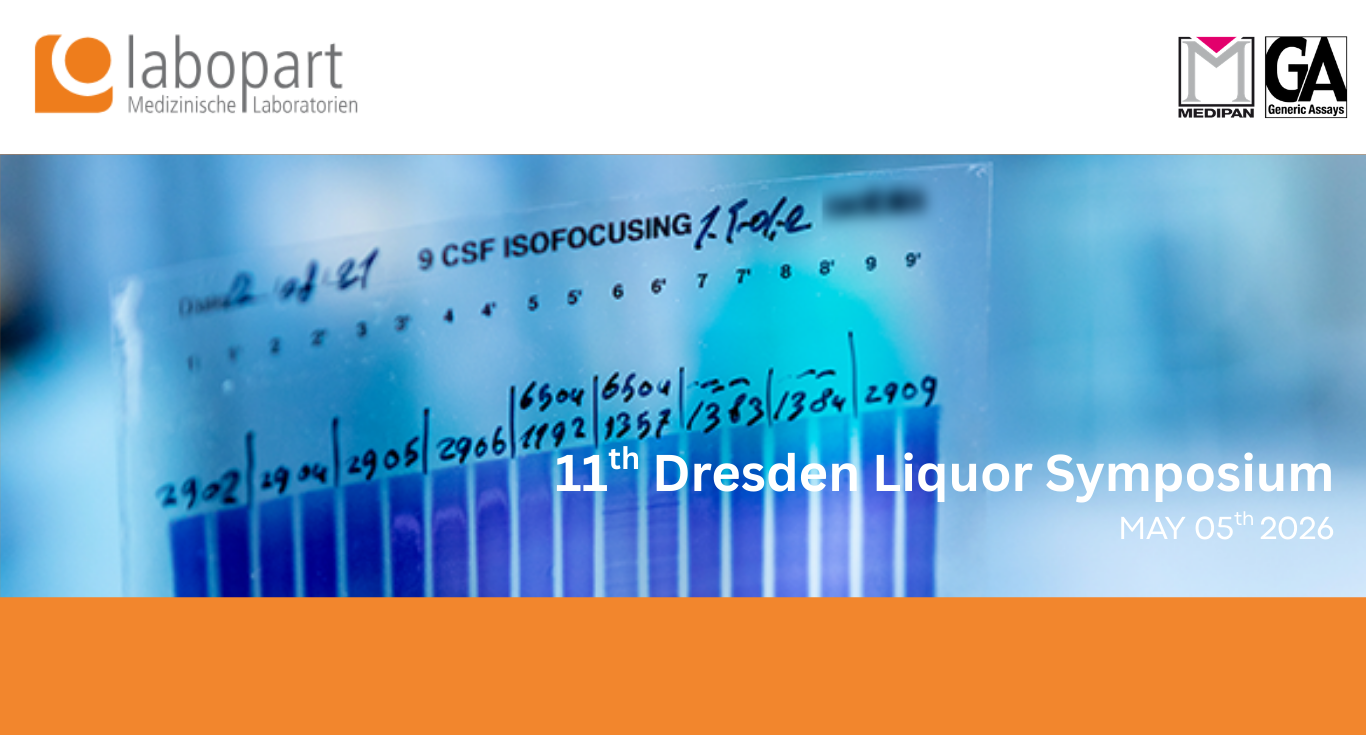 Banner for the 11th Dresden Liquor Symposium, taking place on May 9, 2026. The central image shows a laboratory result for "CSF Isofocusing" (Cerebrospinal Fluid analysis) with blue-stained protein bands on a gel. The banner features the logos of labopart, Medipan, and GA Generic Assays.