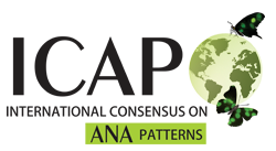The logo of ICAP. It features the large black acronym "ICAP" with the full name "INTERNATIONAL CONSENSUS ON ANA PATTERNS" underneath, where "ANA" is highlighted in green. To the right is a pale green globe with two black butterflies featuring bright green spots, symbolizing immunofluorescence patterns.
