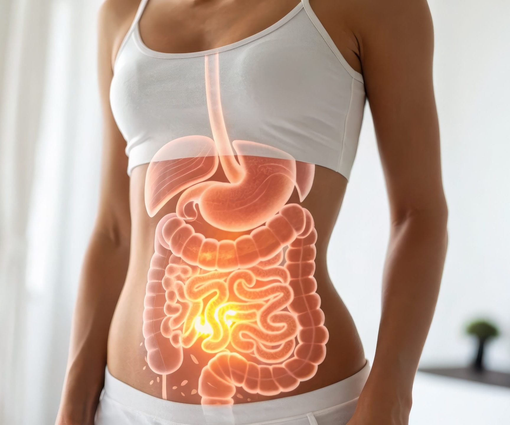 A woman's torso featuring an anatomical digestive system overlay. A prominent glowing spot highlights the small intestine.